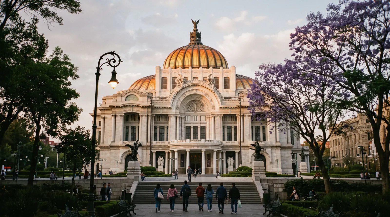 The orange-tiled dome and white marble facade of the Palacio de Bellas Artes in evening light, Mexico City