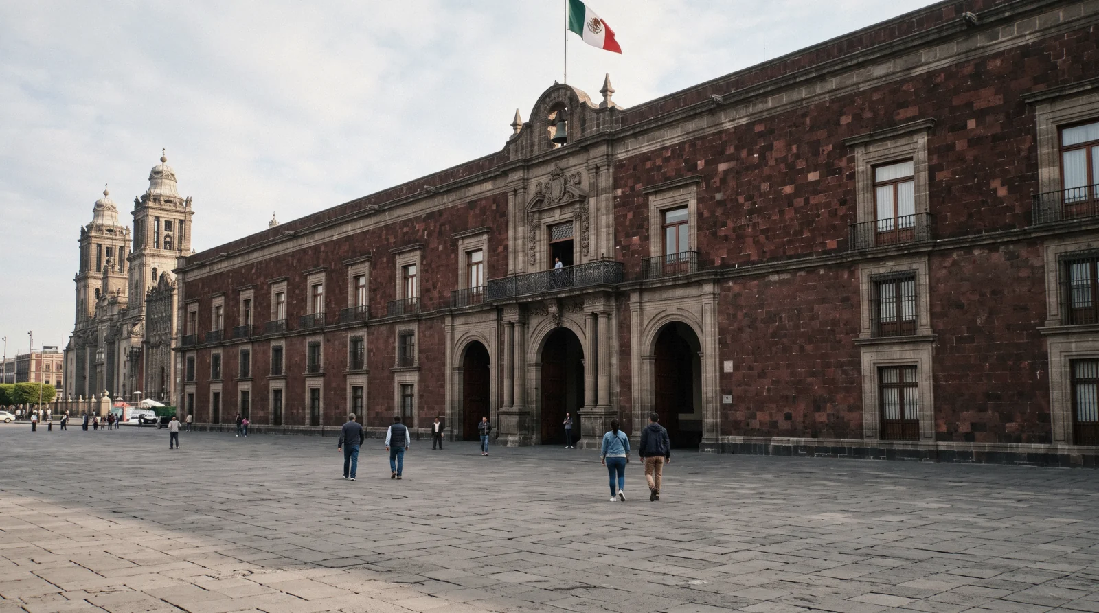 The long red tezontle facade of the Palacio Nacional along the east side of the Zócalo, Mexico City
