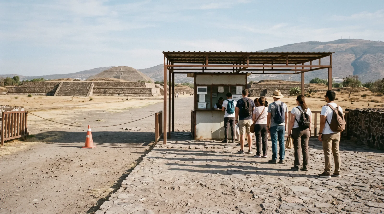 The ticket booths and turnstiles at Puerta 1 of the Teotihuacán archaeological zone in the morning, where Teotihuacán tickets are checked