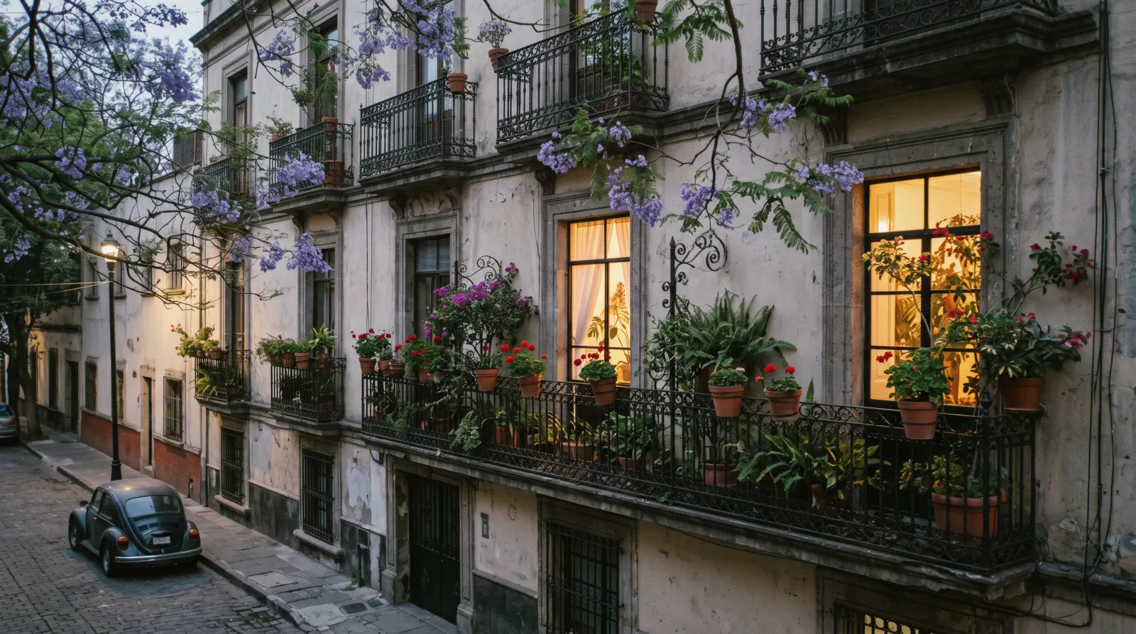 Balconies and treetops on a residential street at dusk, choosing where to stay in Mexico City